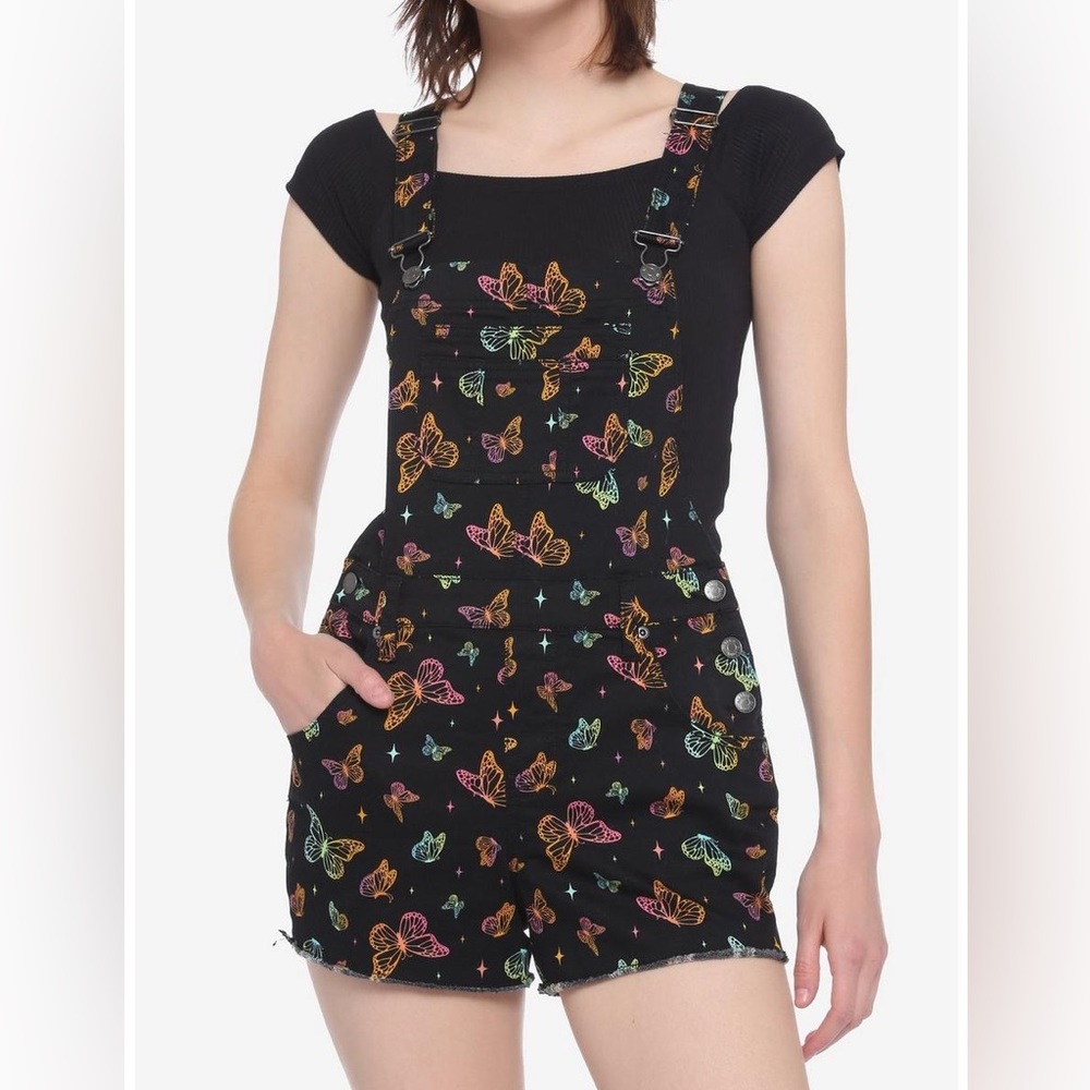 Black Rainbow Butterfly Print Overalls Shortalls Hot Topic Size XL